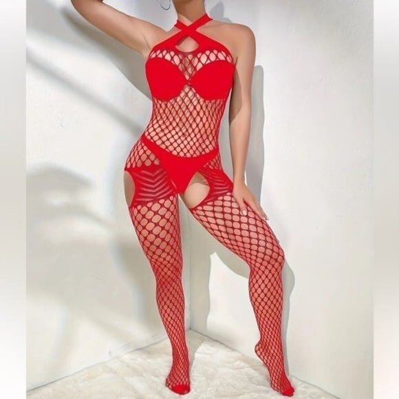 Red Sexy Hollow Out Halter Fishnet Bodysuit Lingerie - Picture 4 of 5